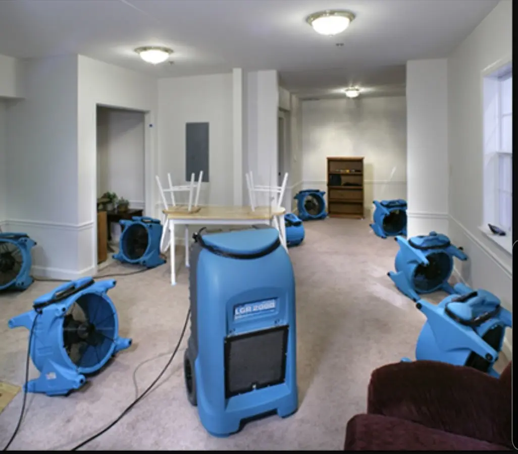 Air movers and dehumidifier setup for Water Extraction & Removal in Bridgewater